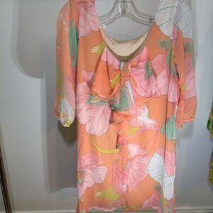 My Story Juniors Peach Pink Turquoise Green White Floral Bow Shift Dress